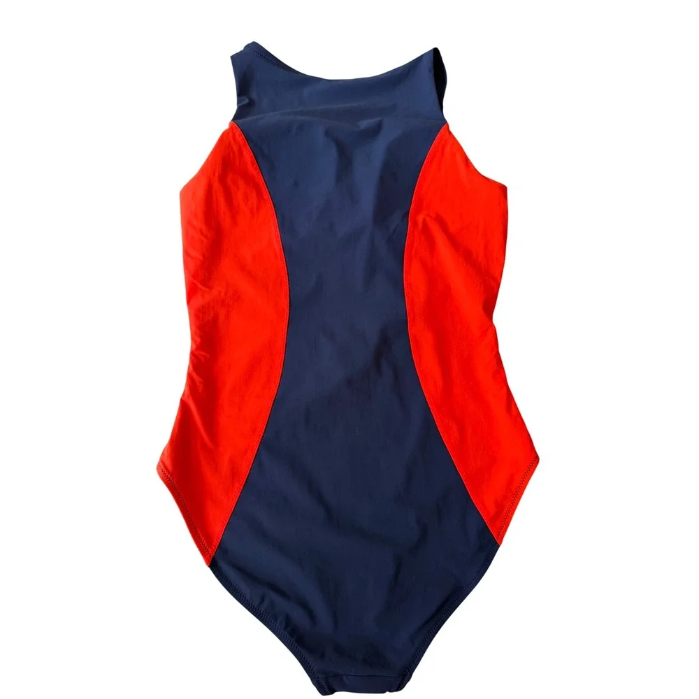 Athleta Swimsuit One Piece Colorblock Zip Front Navy Blue Red Medium